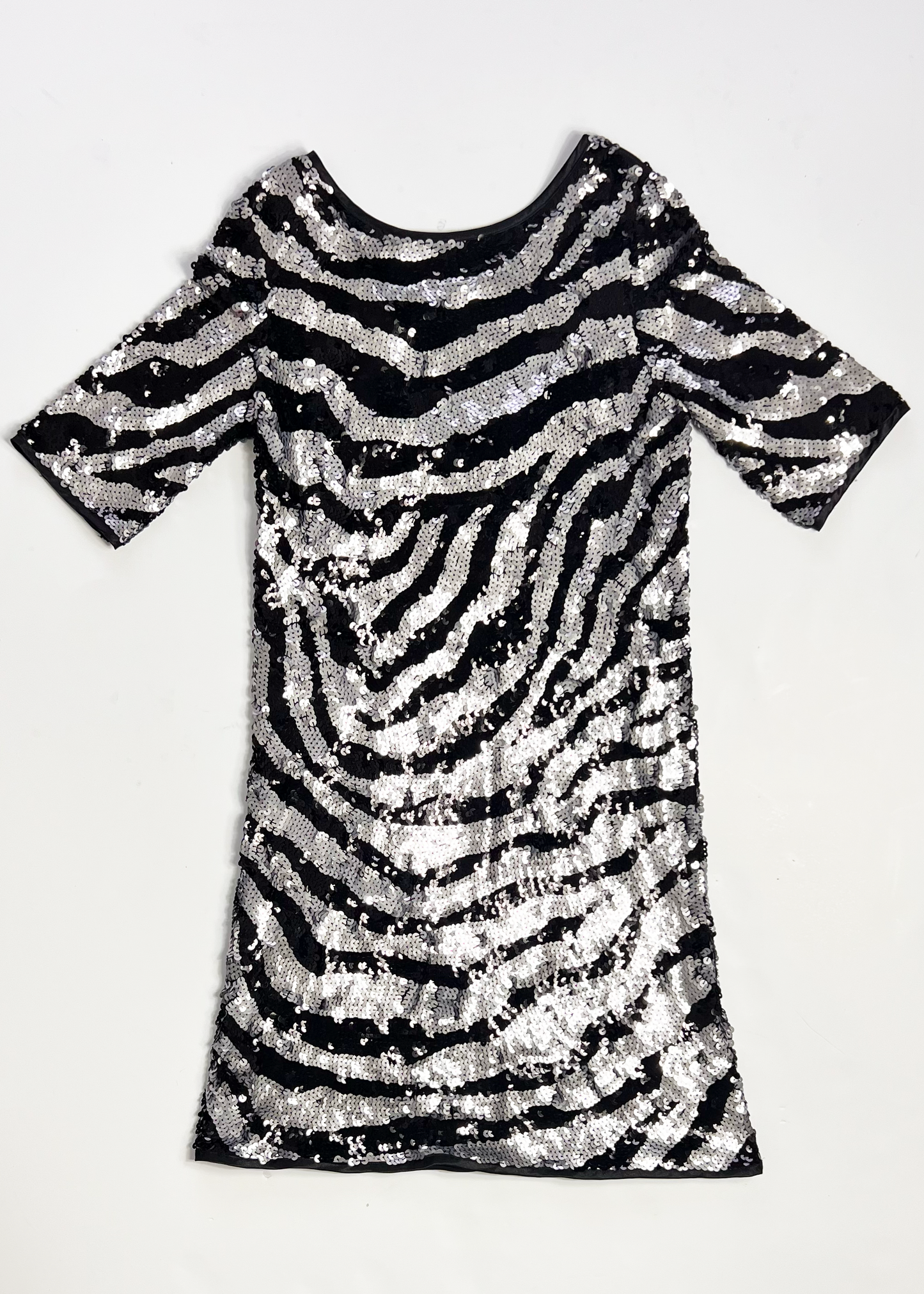 Short Sleeve A Line Black & Silver Sequin Dress - UK 10