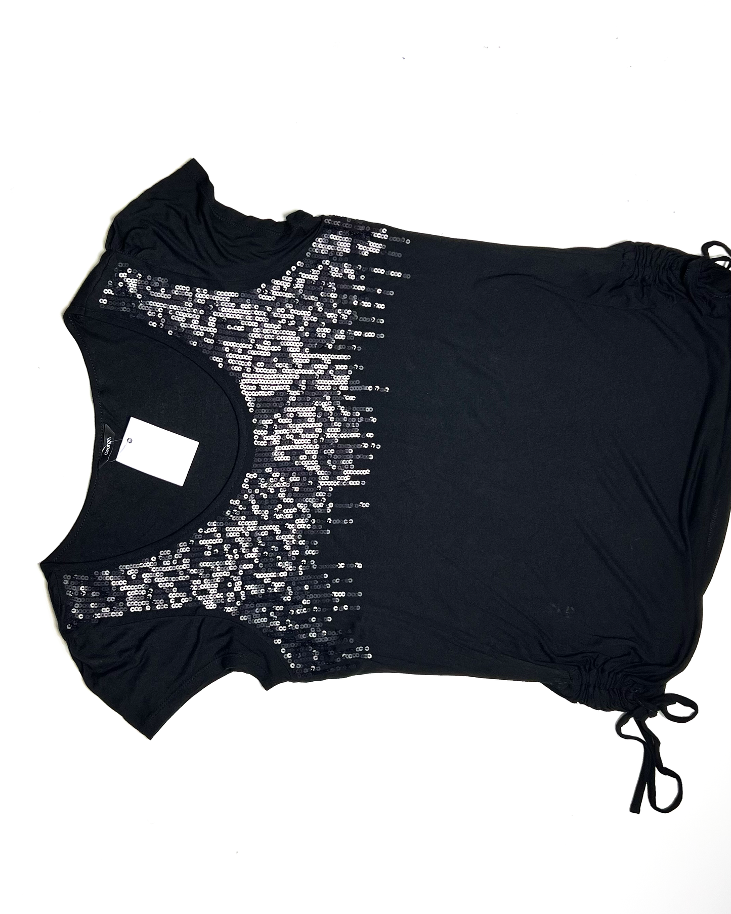 Y2K Sequin Side Tie Longline Black T-Shirt - UK 18
