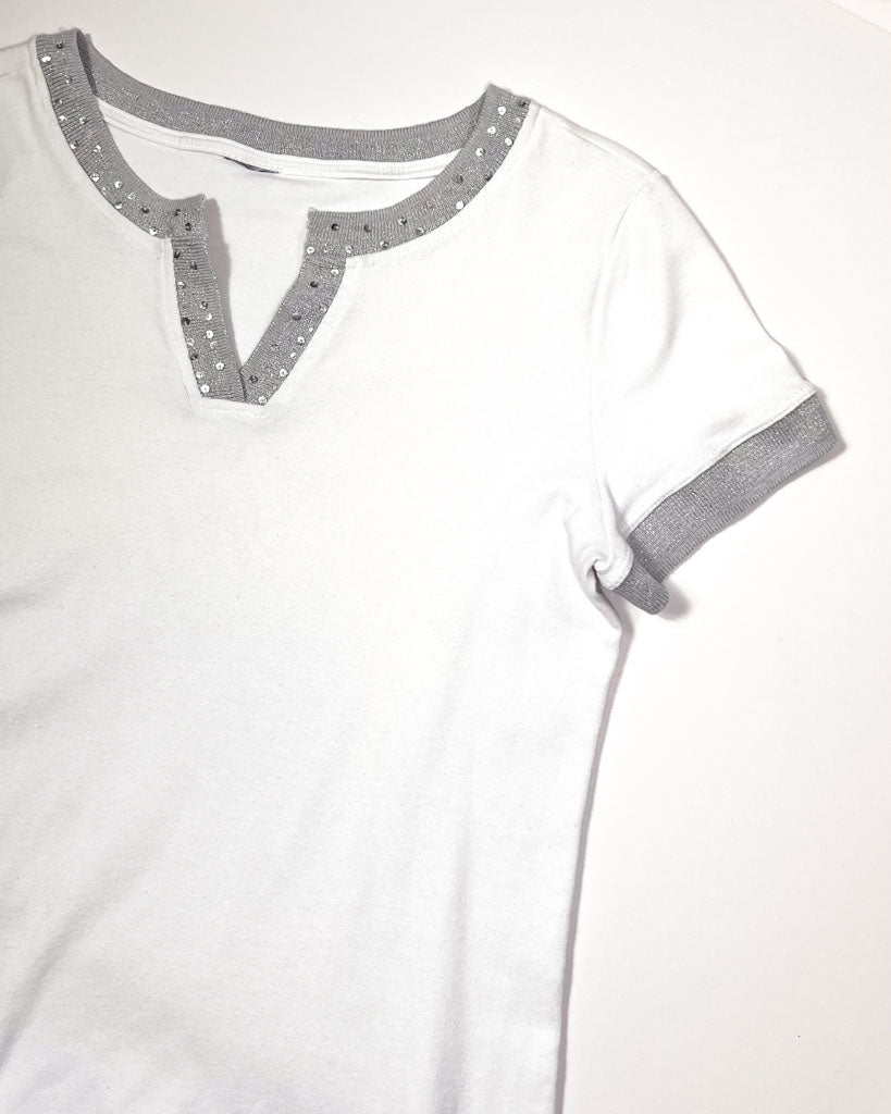 Y2K Sequin Collar White T-Shirt - Small