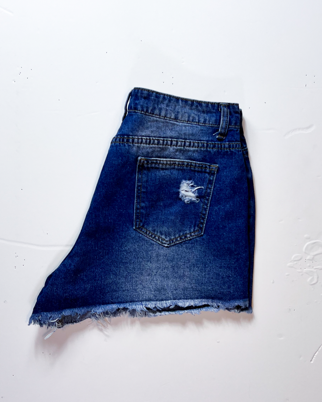 Mid Blue Shredded Short Denim Shorts - Large