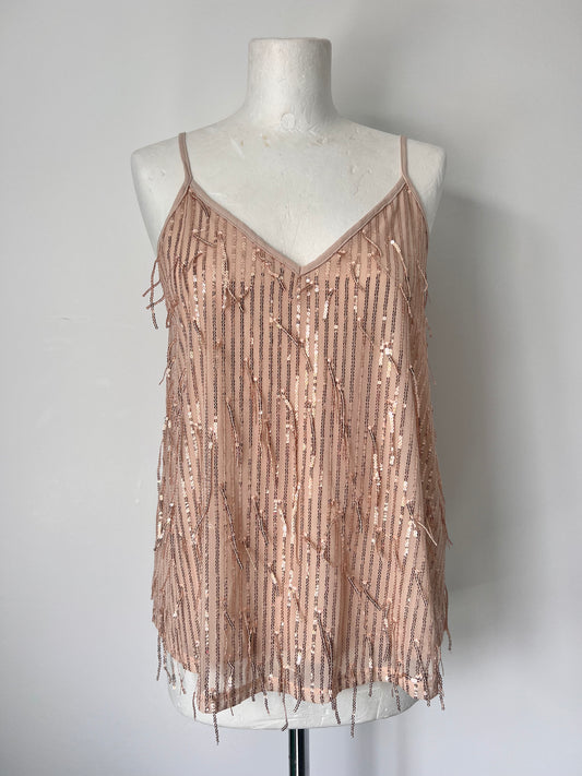 Gold Fringe Sequin Strappy Top - Medium
