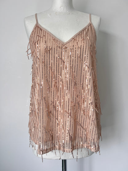 Gold Fringe Sequin Strappy Top - Medium