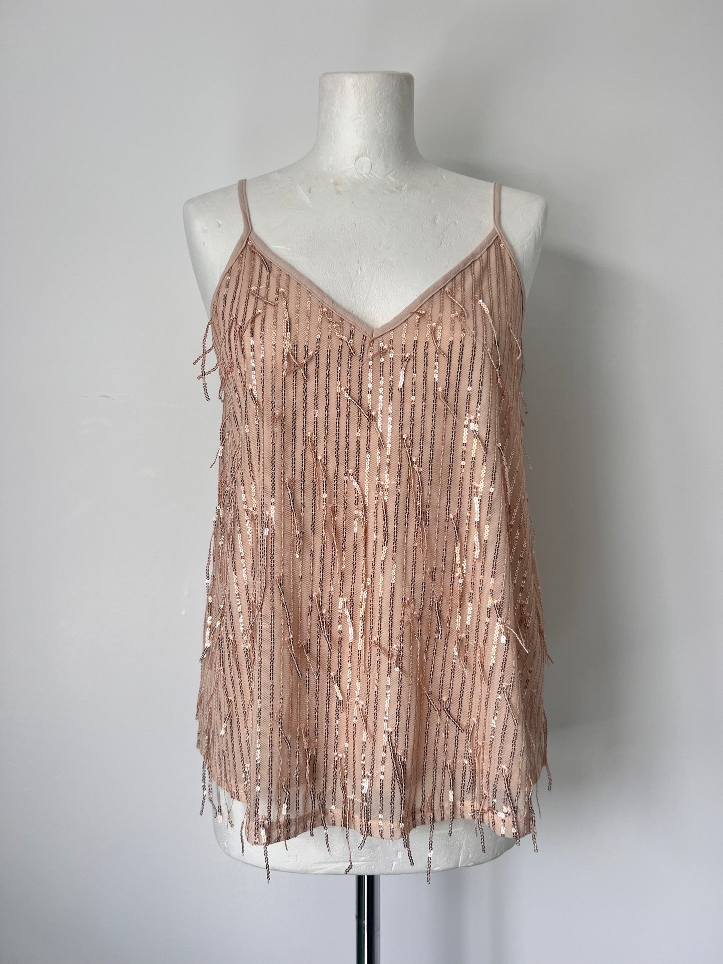 Gold Fringe Sequin Strappy Top - Medium