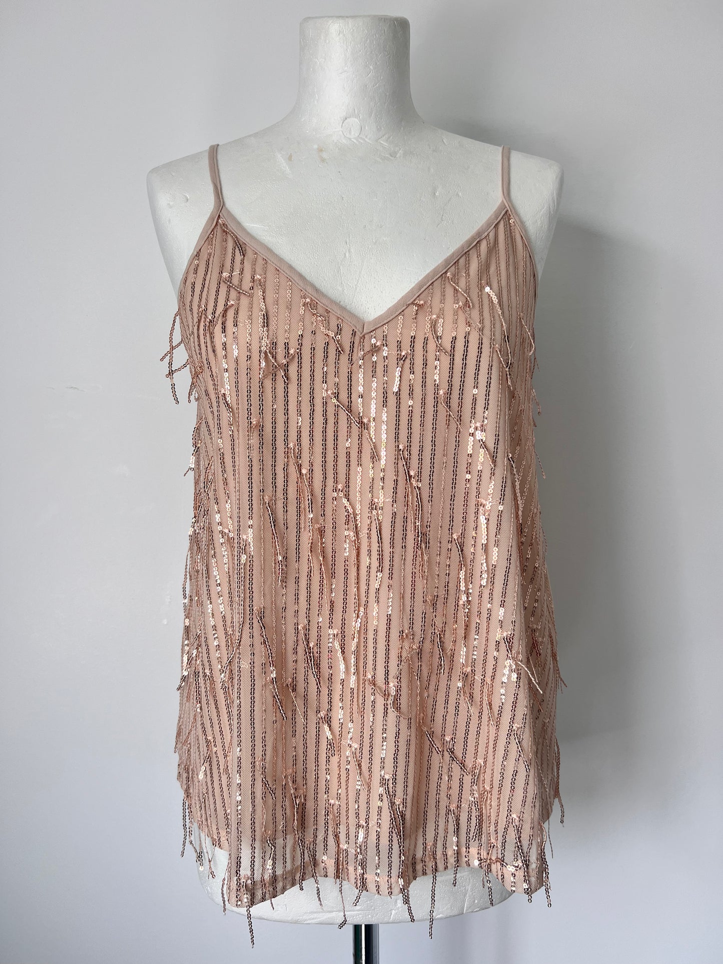 Gold Fringe Sequin Strappy Top - Medium