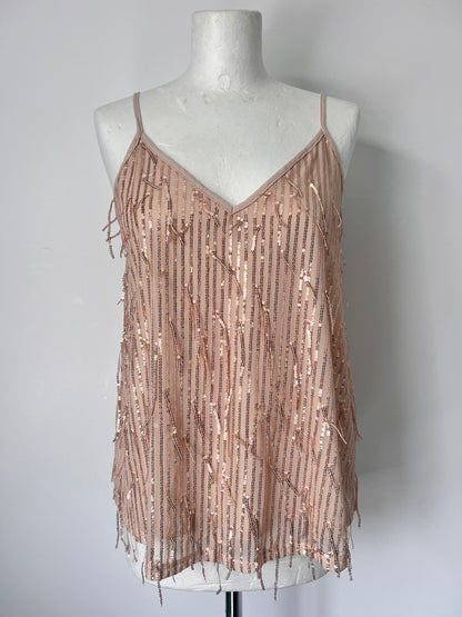 Gold Fringe Sequin Strappy Top - Medium