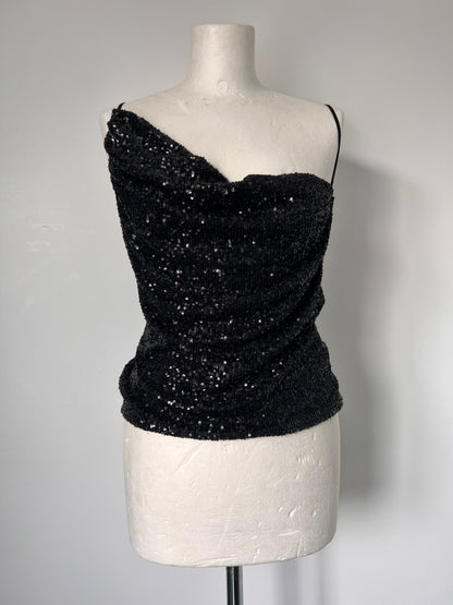 Black Sequin One Shoulder Strappy Top - Small