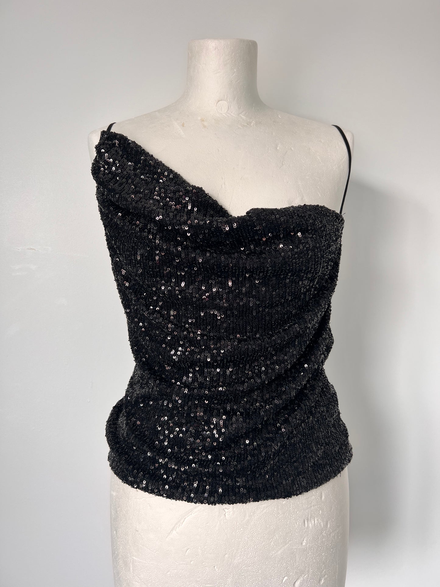 Black Sequin One Shoulder Strappy Top - Small