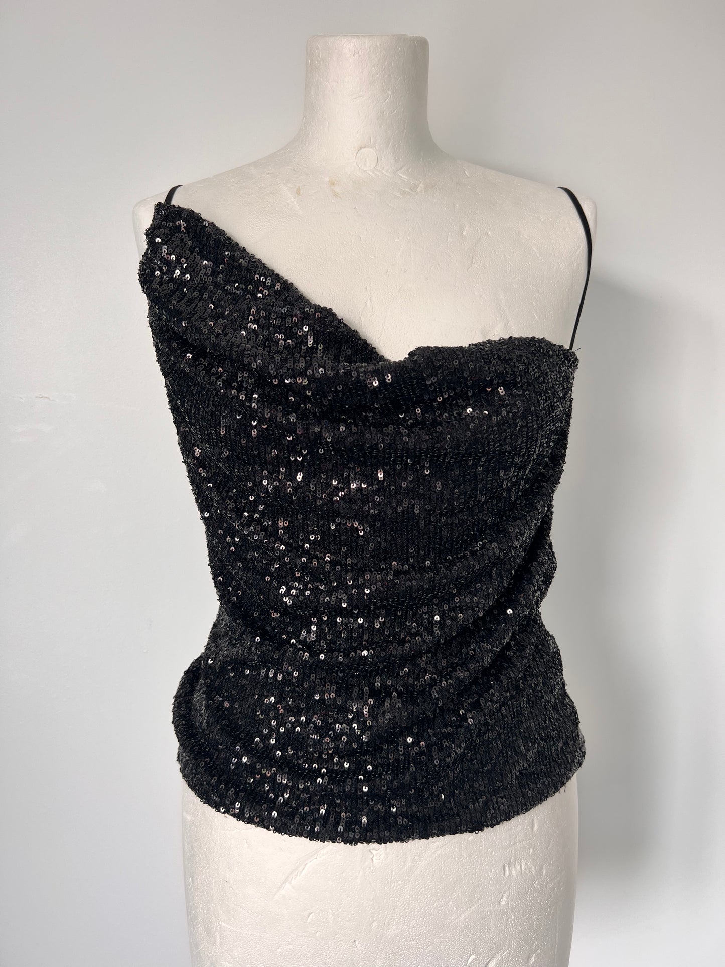 Black Sequin One Shoulder Strappy Top - Small