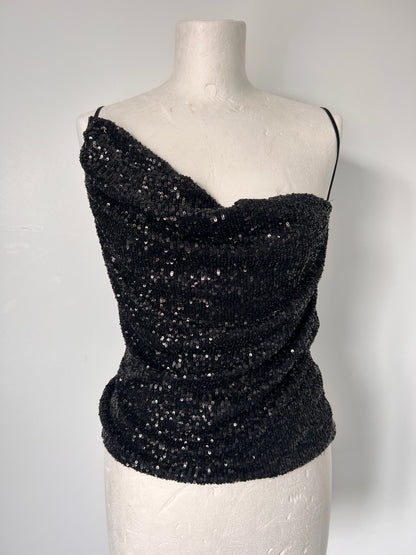 Black Sequin One Shoulder Strappy Top - Small
