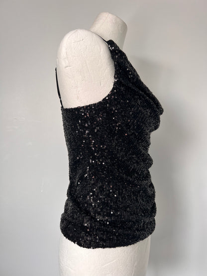 Black Sequin One Shoulder Strappy Top - Small