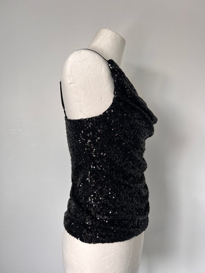 Black Sequin One Shoulder Strappy Top - Small