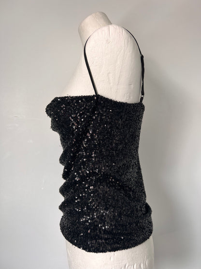 Black Sequin One Shoulder Strappy Top - Small