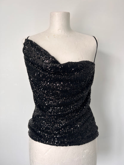 Black Sequin One Shoulder Strappy Top - Small