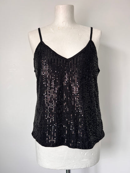 Black Strappy Sequin Vest Crop Top - Medium