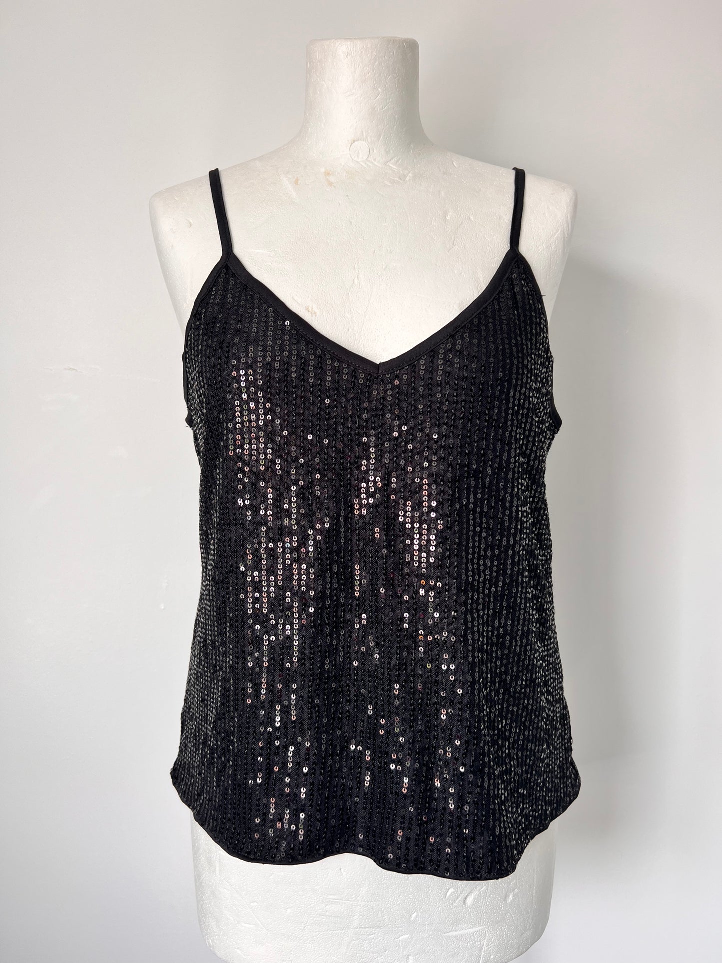 Black Strappy Sequin Vest Crop Top - Medium