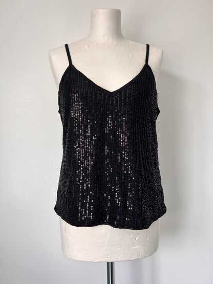 Black Strappy Sequin Vest Crop Top - Medium