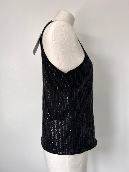 Black Strappy Sequin Vest Crop Top - Medium