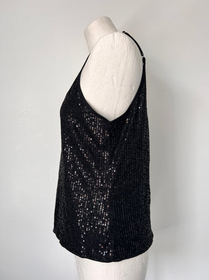Black Strappy Sequin Vest Crop Top - Medium