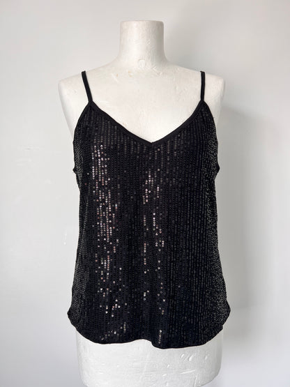 Black Strappy Sequin Vest Crop Top - Medium