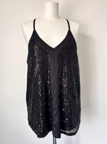 Black Strappy Sequin Racerback Vest Top - Medium