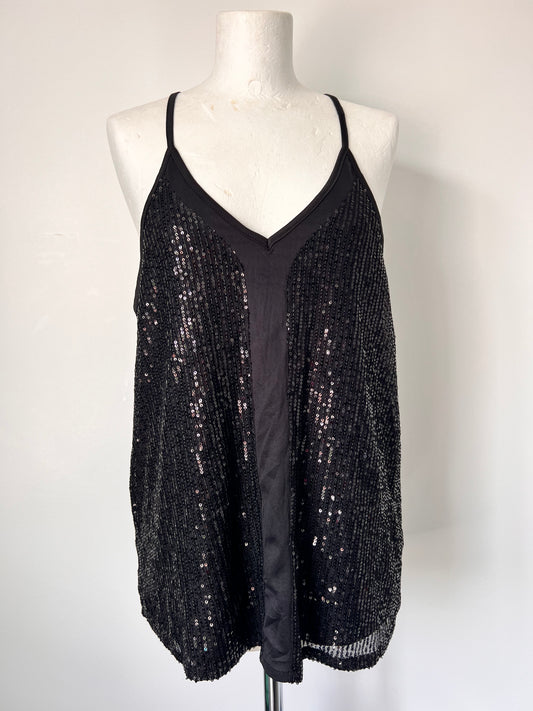 Black Strappy Sequin Racerback Vest Top - Medium