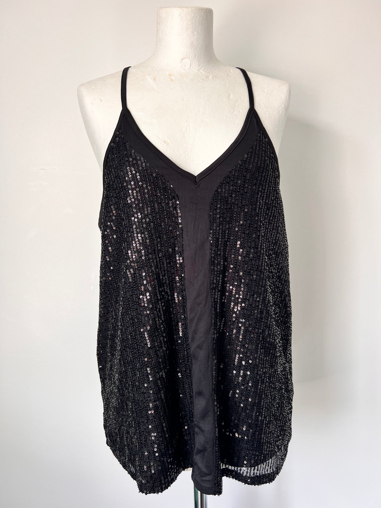 Black Strappy Sequin Racerback Vest Top - Medium