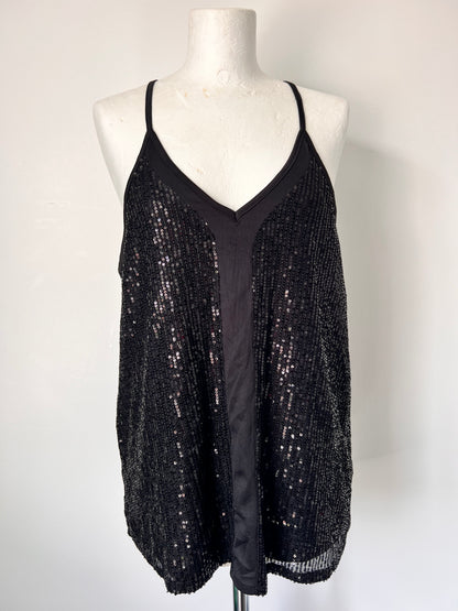 Black Strappy Sequin Racerback Vest Top - Medium