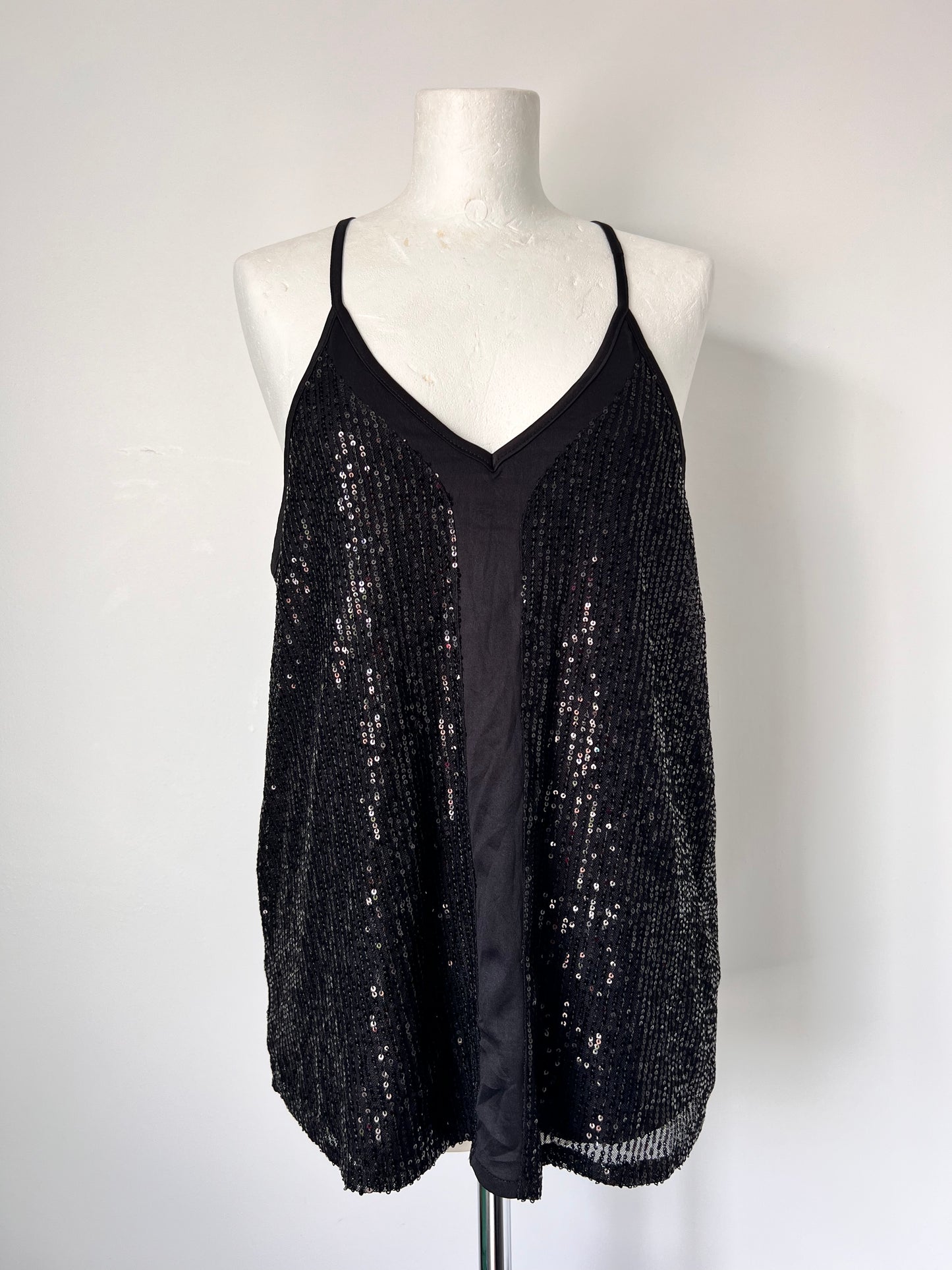 Black Strappy Sequin Racerback Vest Top - Medium