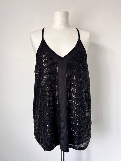 Black Strappy Sequin Racerback Vest Top - Medium
