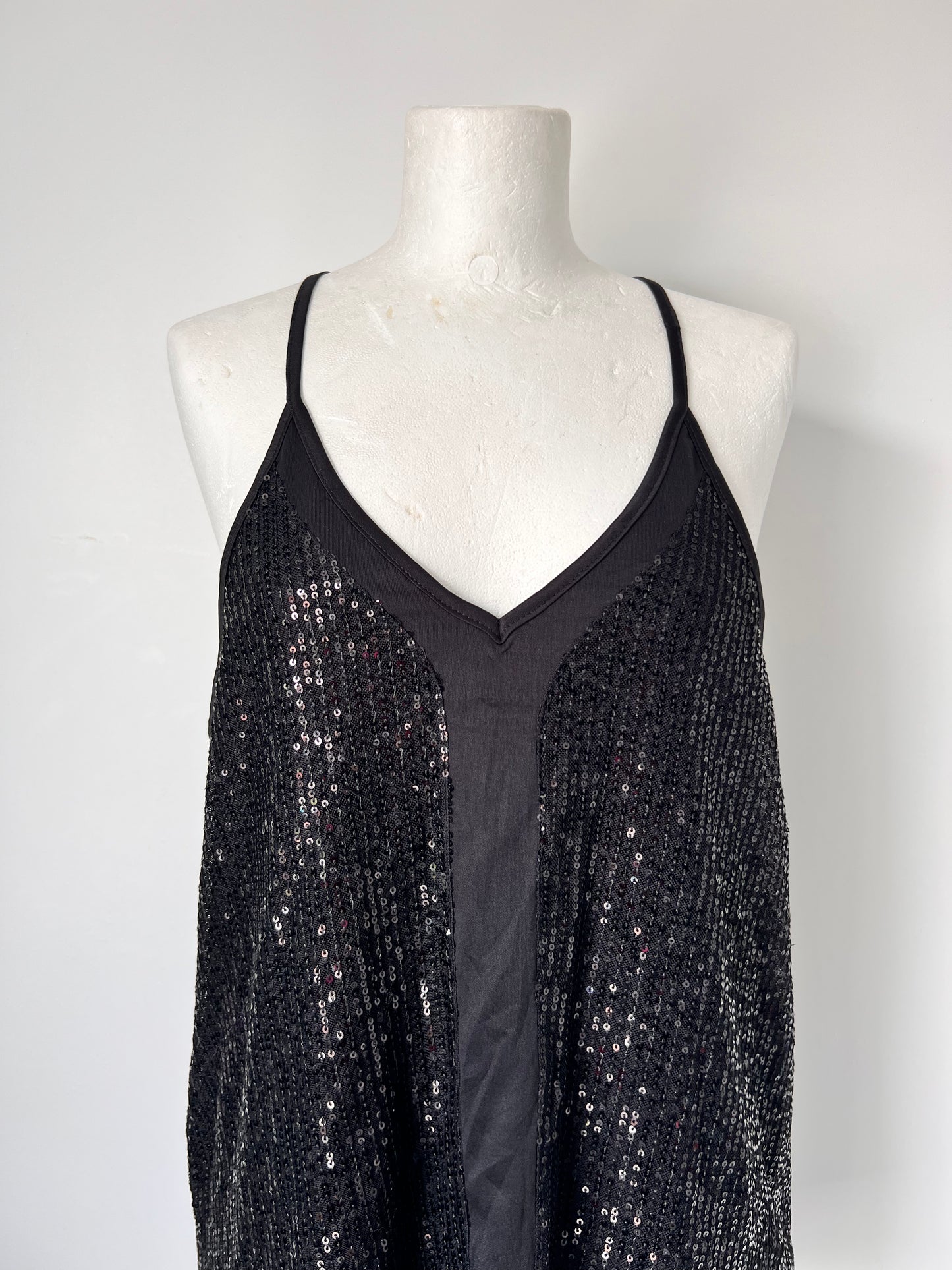 Black Strappy Sequin Racerback Vest Top - Medium