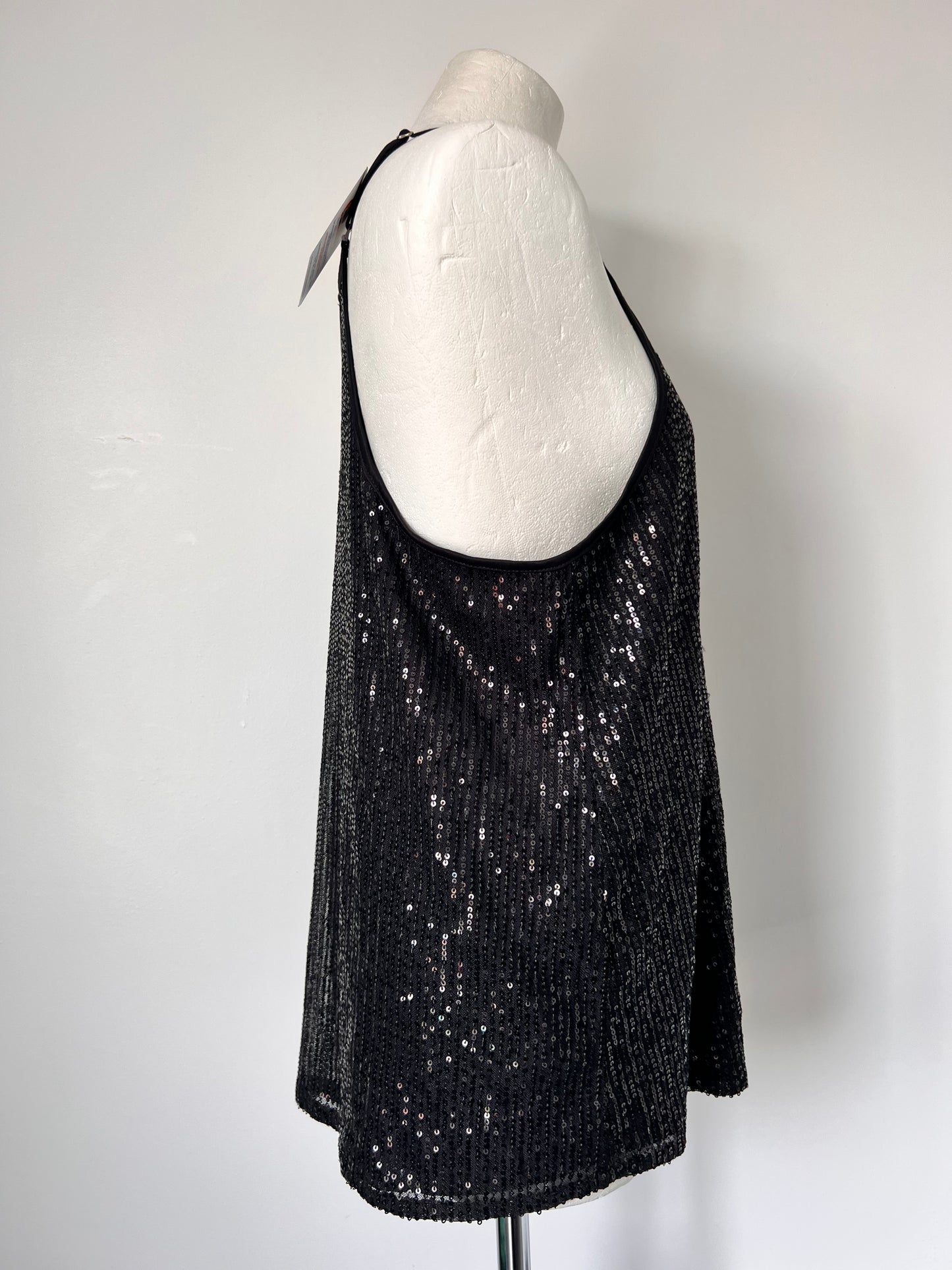 Black Strappy Sequin Racerback Vest Top - Medium