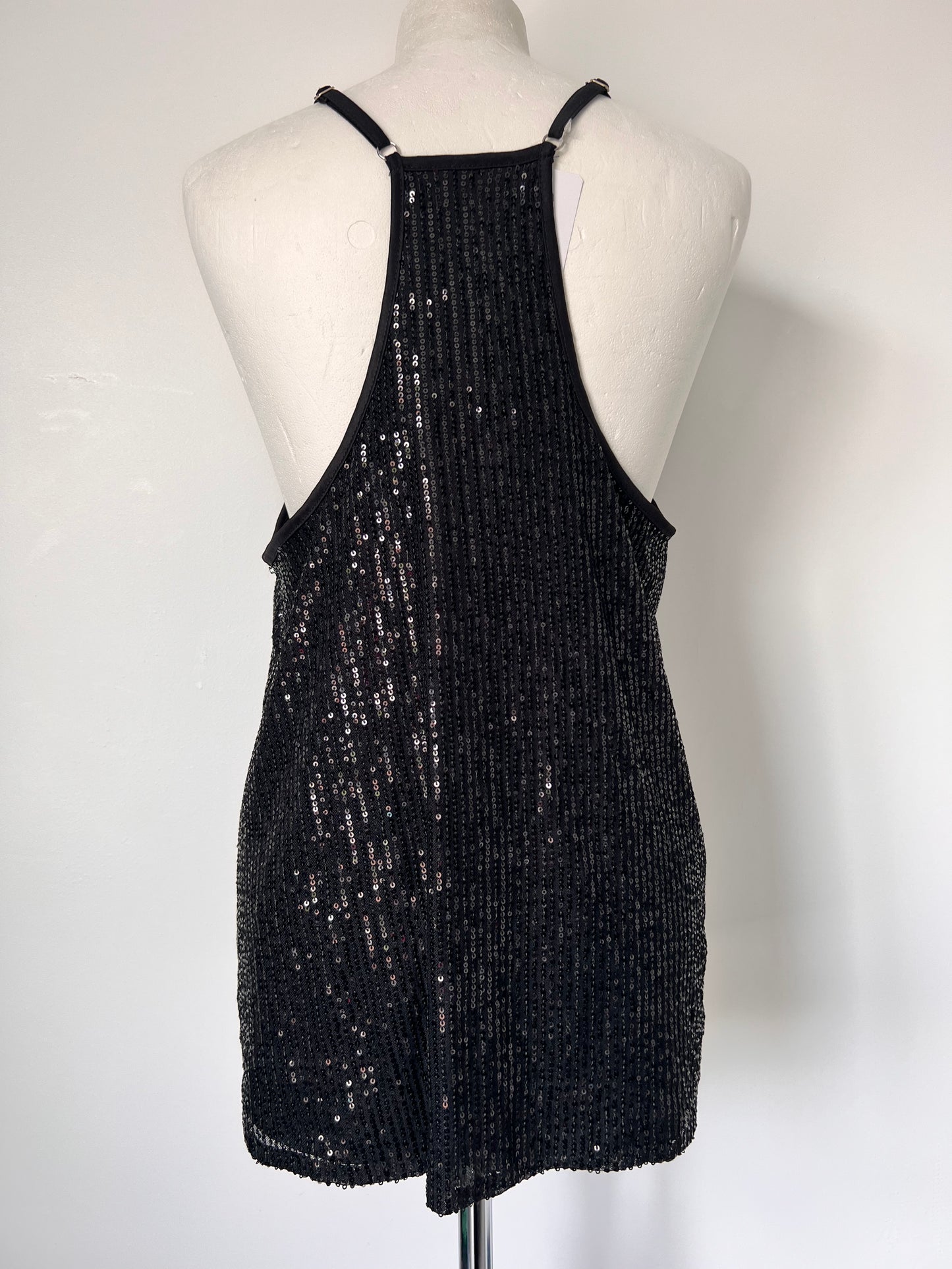 Black Strappy Sequin Racerback Vest Top - Medium