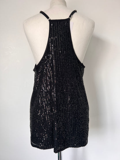 Black Strappy Sequin Racerback Vest Top - Medium