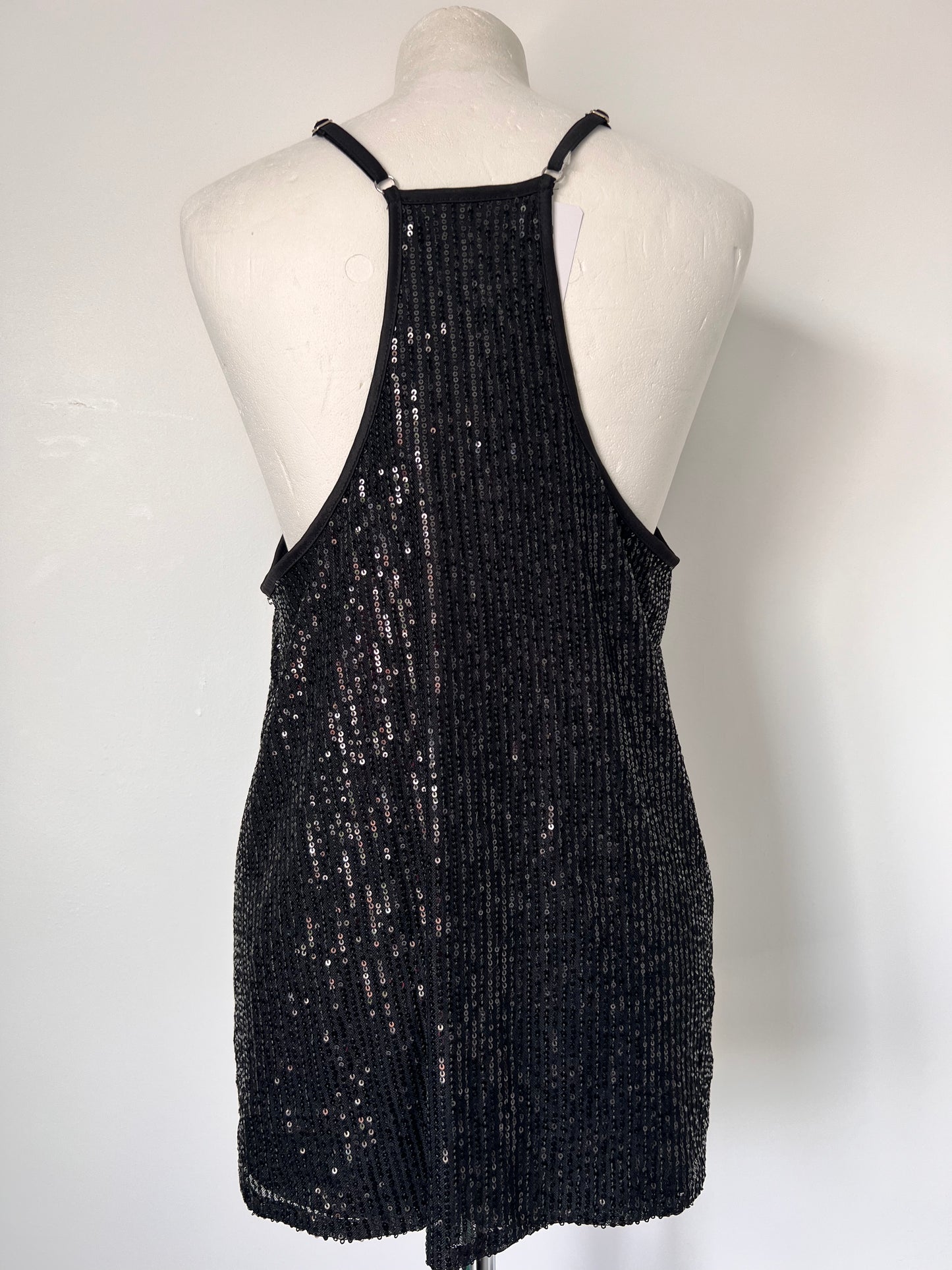 Black Strappy Sequin Racerback Vest Top - Medium