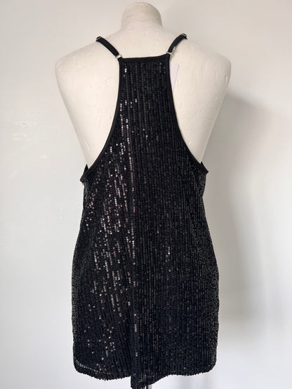 Black Strappy Sequin Racerback Vest Top - Medium