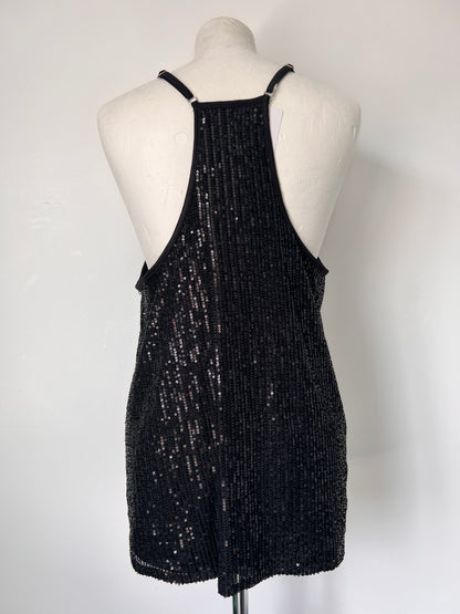Black Strappy Sequin Racerback Vest Top - Medium