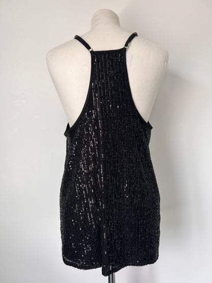 Black Strappy Sequin Racerback Vest Top - Medium