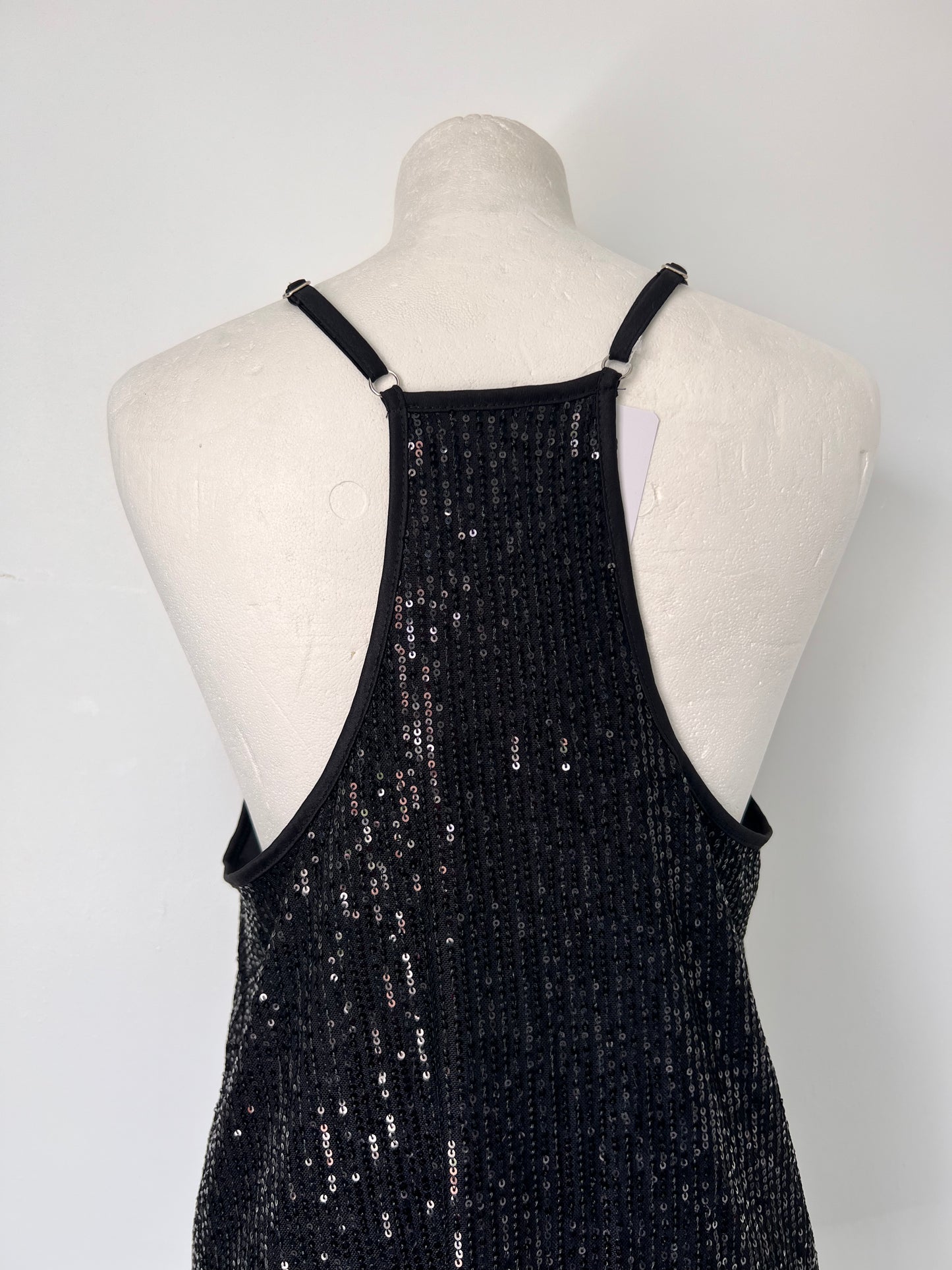 Black Strappy Sequin Racerback Vest Top - Medium