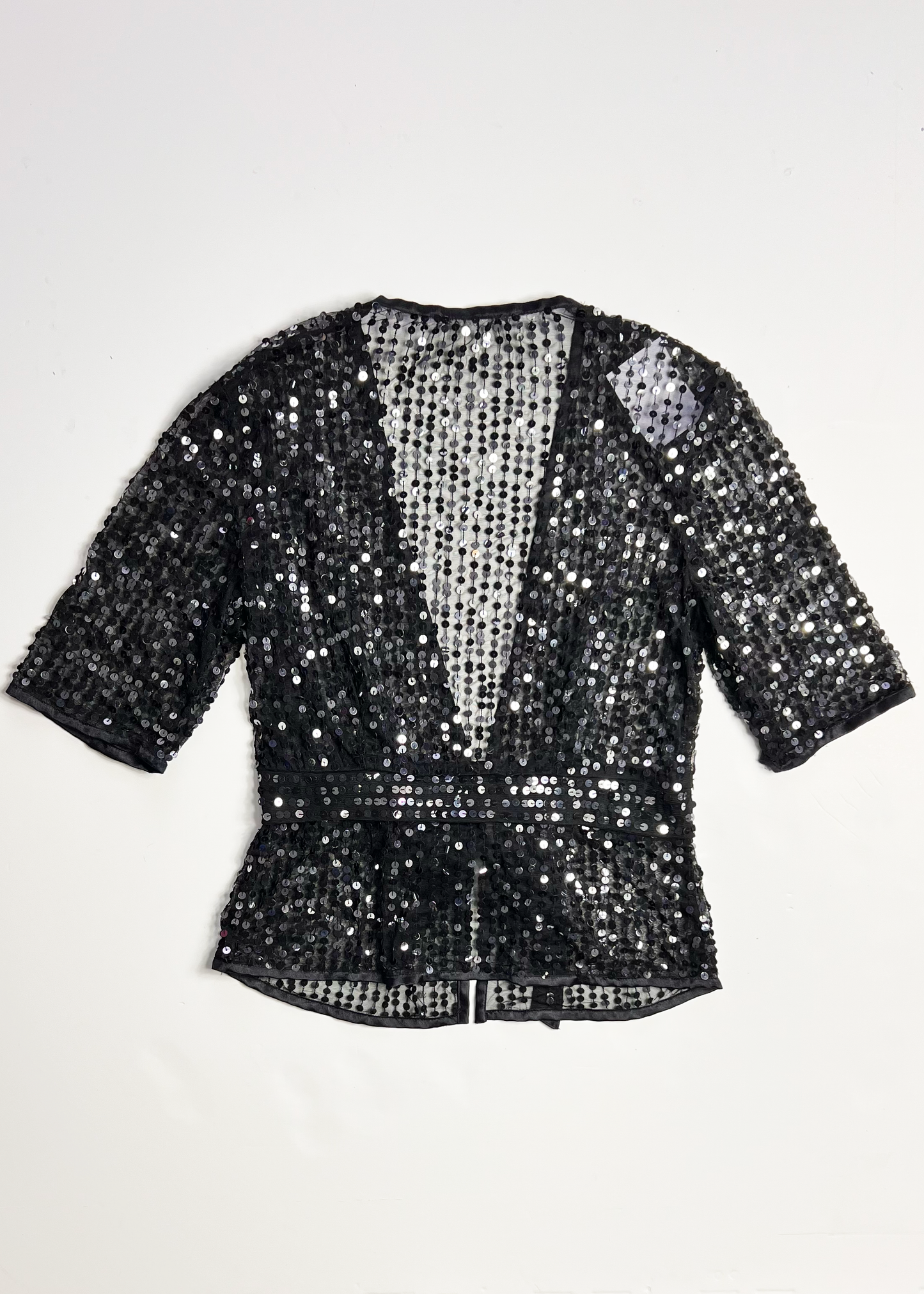 Tie Front Deep V Neck Sequin Short Sleeve Top - Small