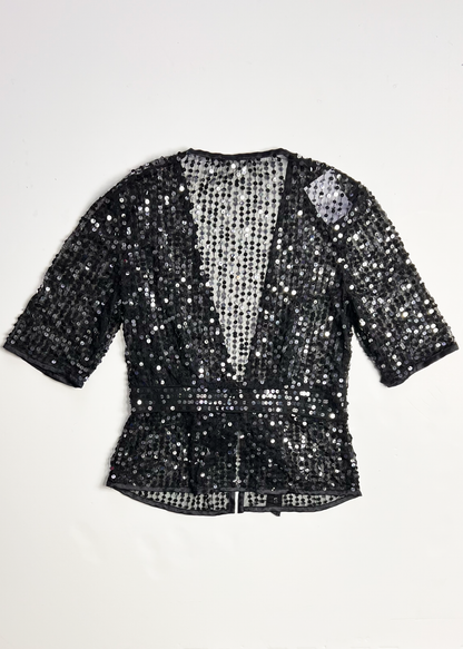 Tie Front Deep V Neck Sequin Short Sleeve Top - Small