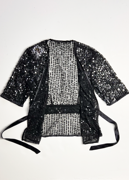 Tie Front Deep V Neck Sequin Short Sleeve Top - Small