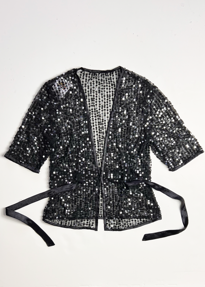 Tie Front Deep V Neck Sequin Short Sleeve Top - Small