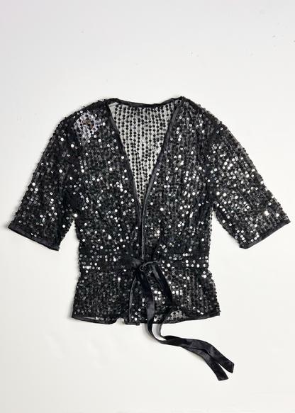 Tie Front Deep V Neck Sequin Short Sleeve Top - Small