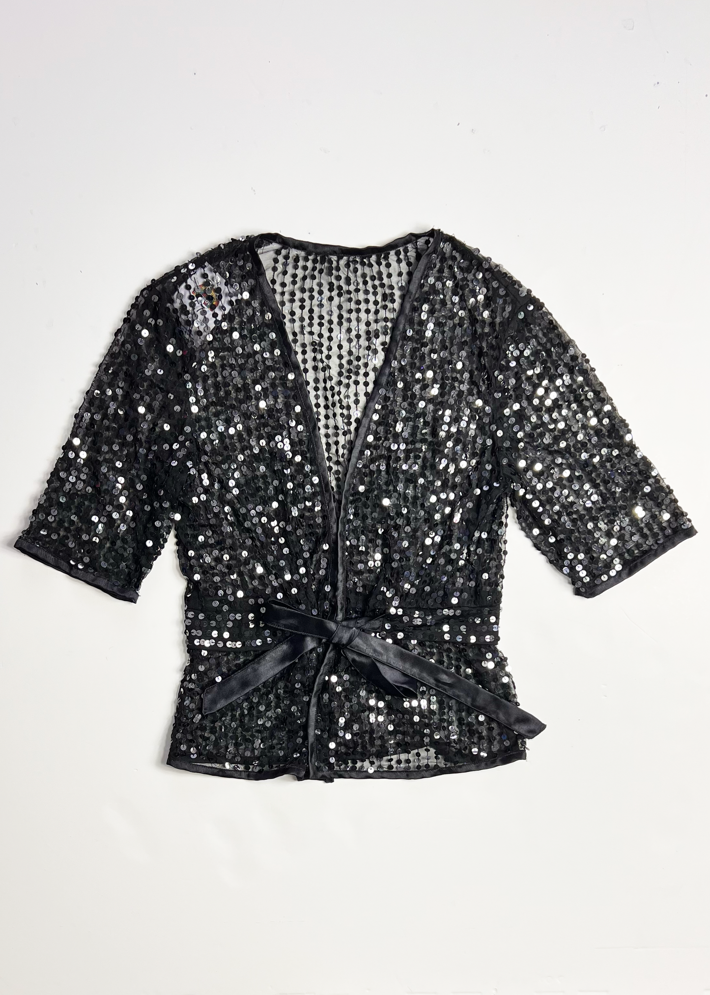 Tie Front Deep V Neck Sequin Short Sleeve Top - Small