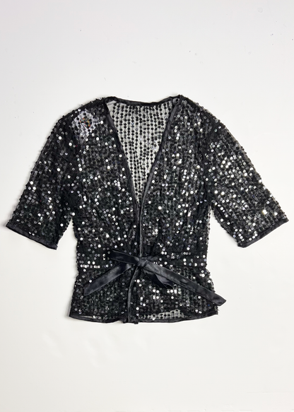 Tie Front Deep V Neck Sequin Short Sleeve Top - Small