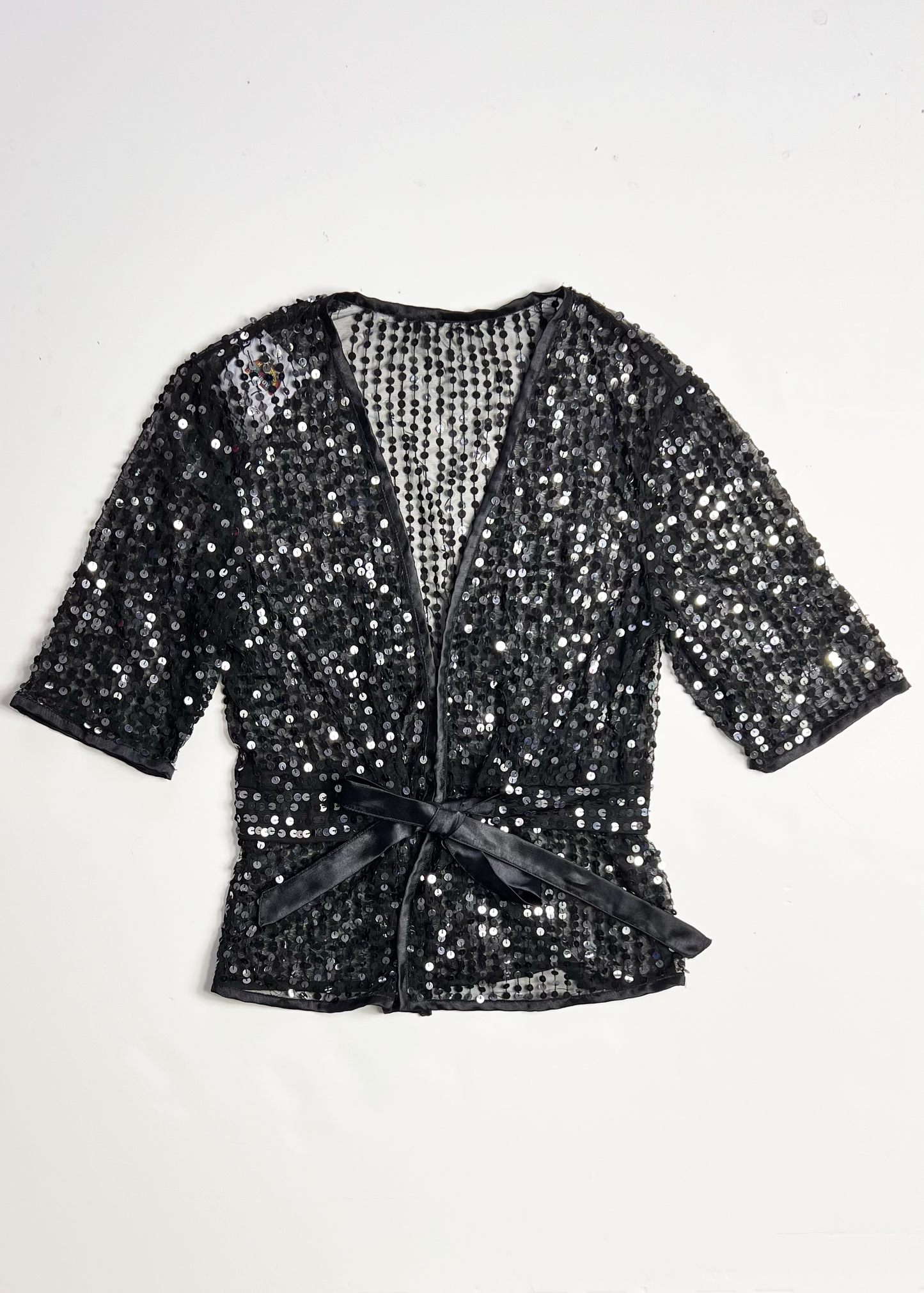 Tie Front Deep V Neck Sequin Short Sleeve Top - Small