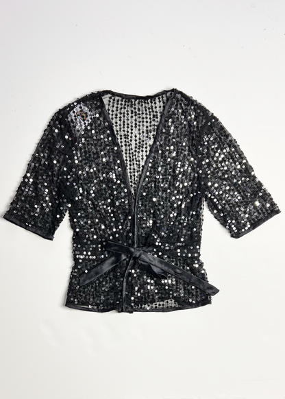 Tie Front Deep V Neck Sequin Short Sleeve Top - Small