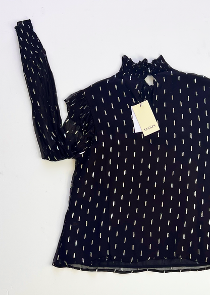 Black & Silver Shimmer Poet Sleeve Blouse - UK 12
