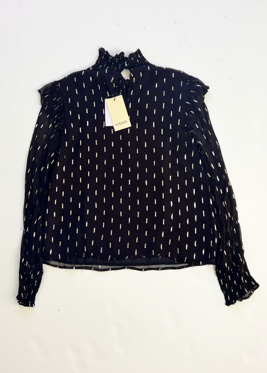 Black & Silver Shimmer Poet Sleeve Blouse - UK 12
