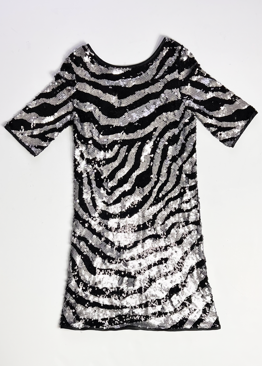 Short Sleeve A Line Black & Silver Sequin Dress - UK 10
